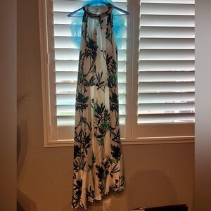 PLUS SIZE FLORAL-PRINT CREPE MIDI-LENGTH BLOUSON HALTER DRESS IN IVORY MULTI